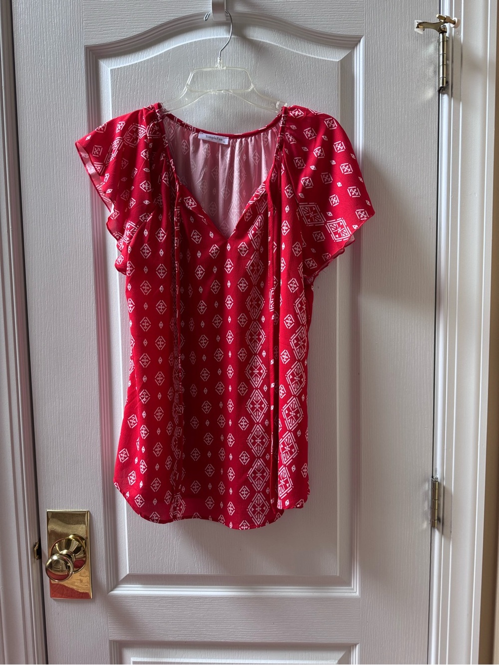 Women’s Red Printed V-Neck Flutter Sleeve Blouse